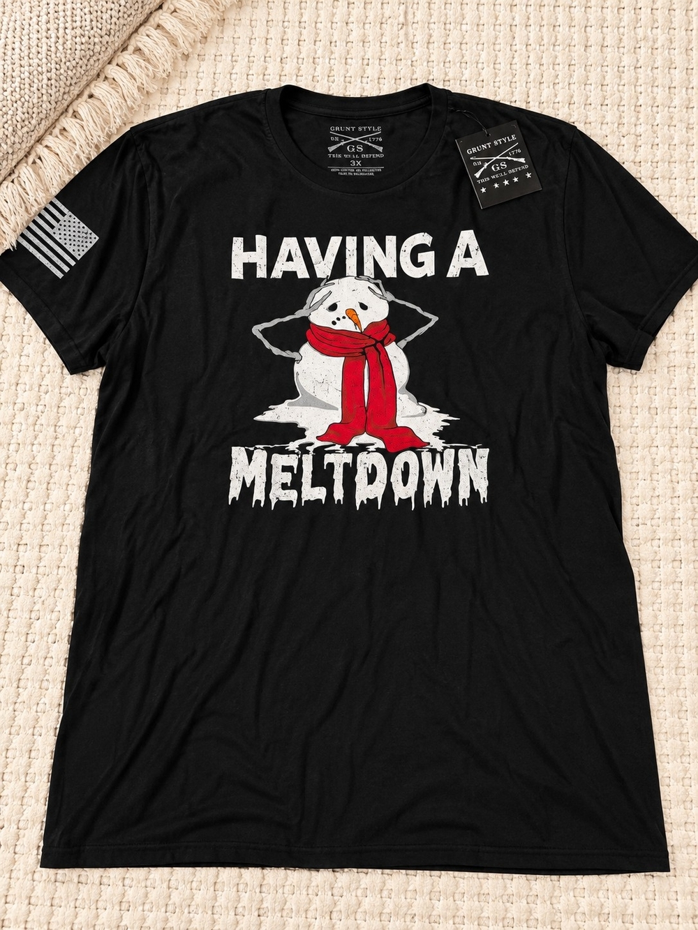 Grunt Style Black 'Having a Meltdown' Snowman Graphic Tee with Red Scarf